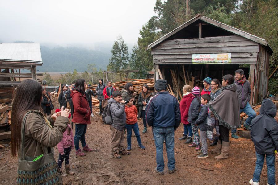 Niñas y niños de la localidad de Pishuinco acompañados de apoderadas y de facilitadores de CeCrea Valdivia, visitando el astillero de Cutipay (Día del Patrimonio Cultural 2019)