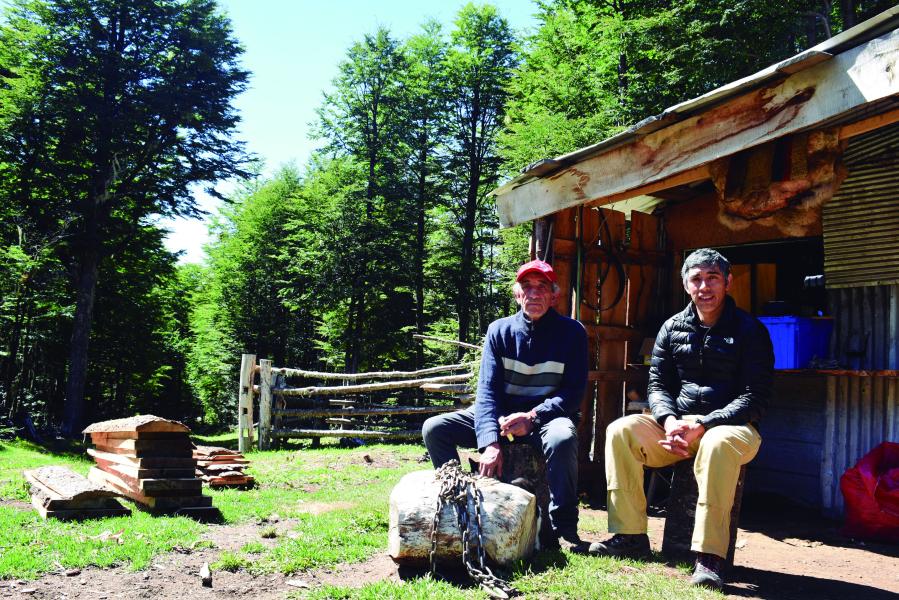 Retrato de Crispín Castillo Castillo y su hijo Carlos Castillo Levicoy, ambos THV, Bosque de Lengas, Villa Ortega, 12.2.24. Fotógrafa Susana Villar